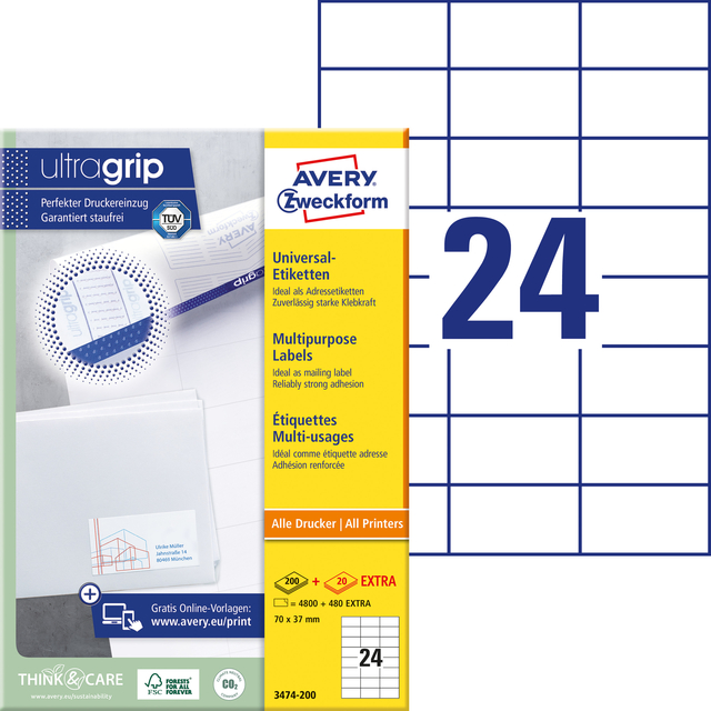 Etiket Avery 3474-200 70x37mm wit 4800 stuks