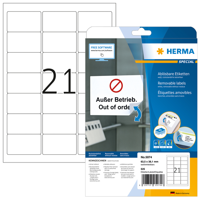 Etiket HERMA 5074 63.5x38.1mm verwijderbaar wit 525 stuks