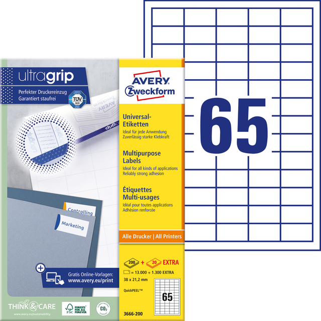 Etiket Avery 3666-200 38x21.2mm wit 13000 stuks