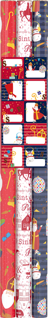 Inpakpapier Sint 200x70cm set à 3 rollen + stickervel met 10 etiketten assorti