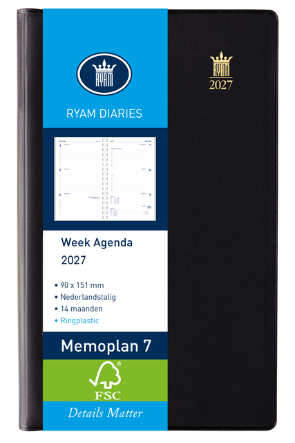 Agenda 2027 Ryam Memoplan 7 Suprema ringplastic 7dagen/2pagina's zwart