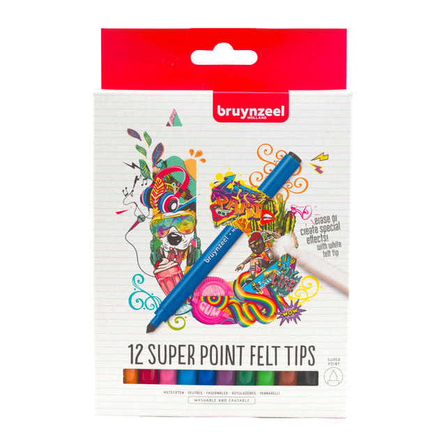 Viltstift Bruynzeel Super Point met witte wisstift set à 12 kleuren