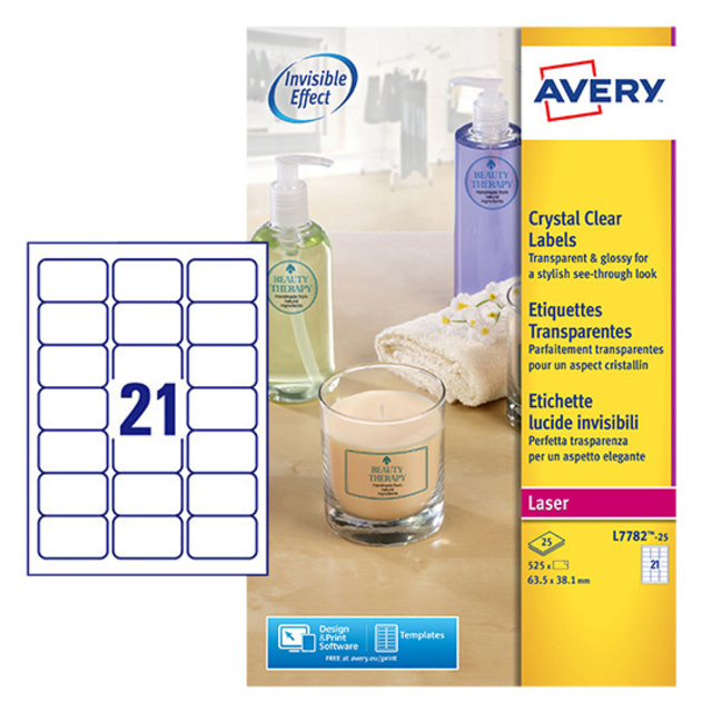 Etiket Avery L7782-25 63.5x38.1mm transparant 525 stuks