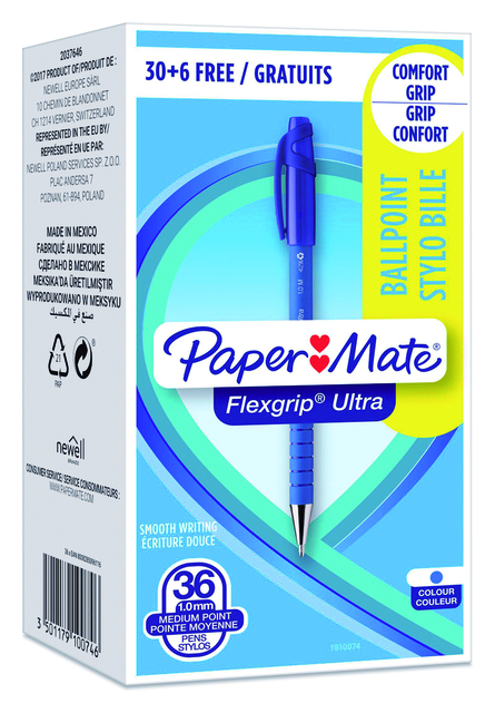 Balpen Paper Mate Flexgrip Ultra medium blauw valuepack 30+6 gratis