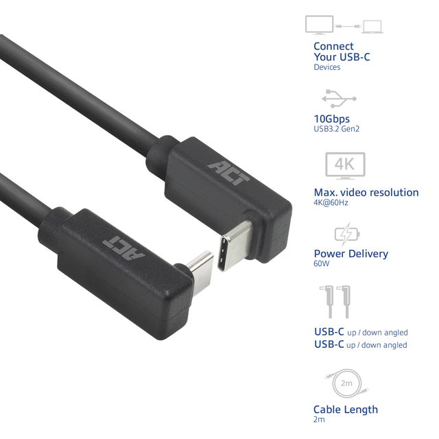 Kabel ACT USB-C hoek boven/beneden 10Gbps 2m