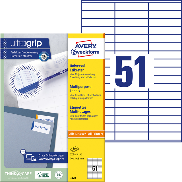 Etiket Avery 3420 70x16.9mm wit 5100 stuks