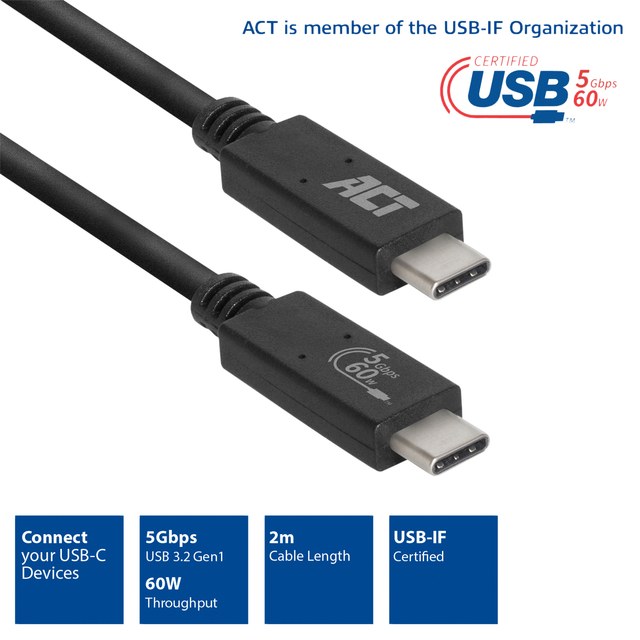 Kabel ACT USB 3.2 USB-C USB-IF gecertificeerd 2 meter