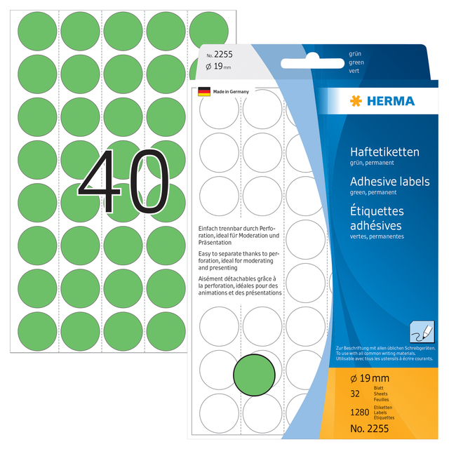 Etiket HERMA 2255 rond 19mm groen 1280 stuks