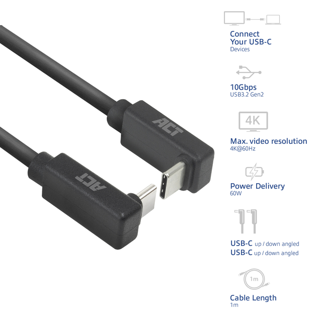 Kabel ACT USB-C hoek boven/beneden 10Gbps 1m