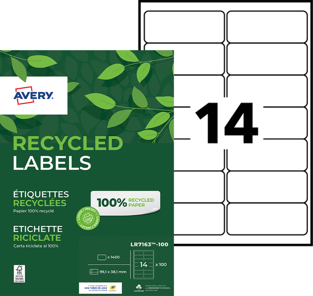 Etiket Avery LR7163-100 99.1x38.1mm recycled wit 1400 stuks