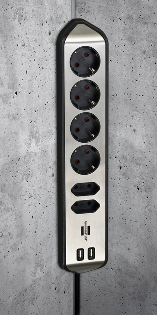 Stekkerdoos Brennenstuhl bureau Estilo 6vdig incl 2 USB 2m zw/zilver