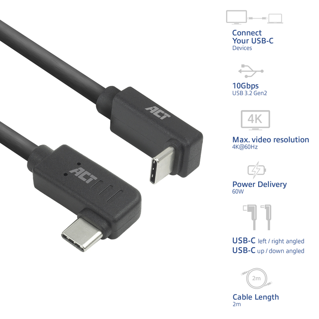 Kabel ACT USB-C hoek links/rechts USB-C hoek boven/beneden 10Gbps 2m
