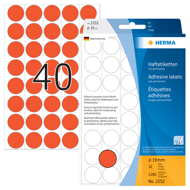 Etiket HERMA 2252 rond 19mm rood 1280 stuks