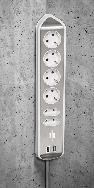 Stekkerdoos Brennenstuhl bureau Estilo 6vdig incl 2 USB 2m wit/zilver