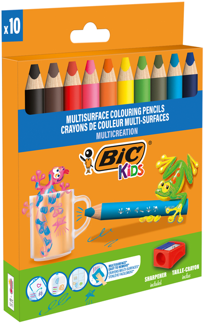 Kleurpotloden BicKids Multi Surface + puntenslijper assorti 10 stuks