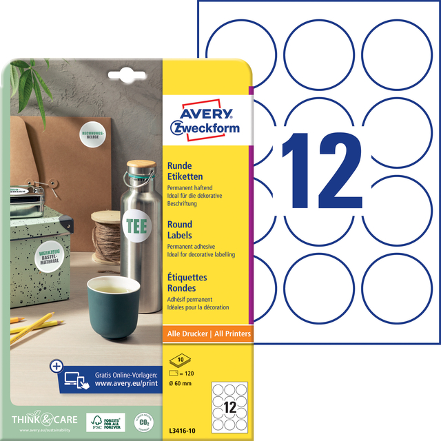 Etiket Avery L3416-10 rond 60mm wit 120 stuks