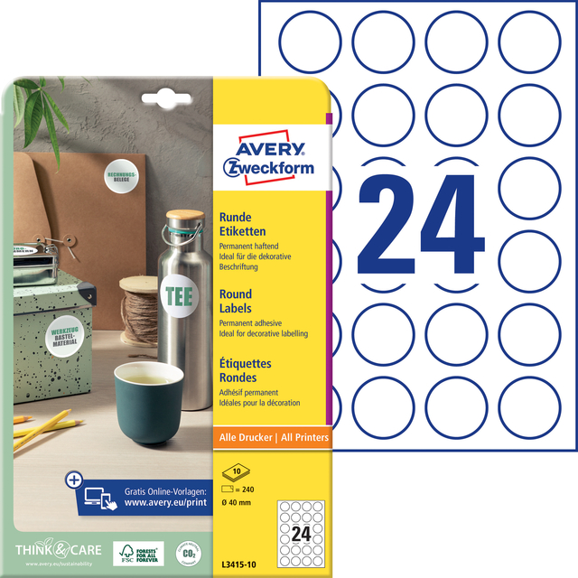 Etiket Avery L3415-10 rond 40mm wit 240 stuks