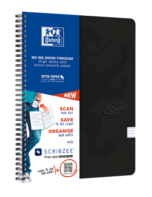 Spiraalblok Oxford Touch A4 ruit 5x5mm 140 pagina's 80gr zwart