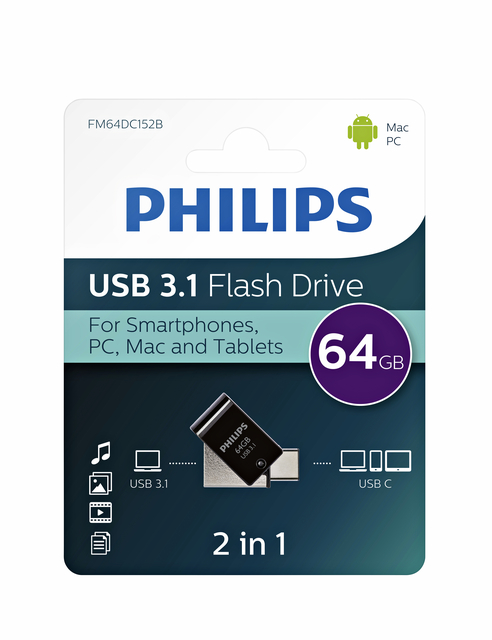 USB stick 3.1 Philips 2in1 USB-C USB-A 64GB zwart