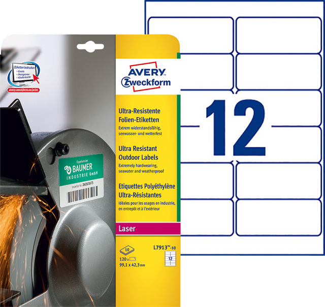 Etiket Avery L7913-10 99.1x42.3mm polyethyleen wit 120 stuks