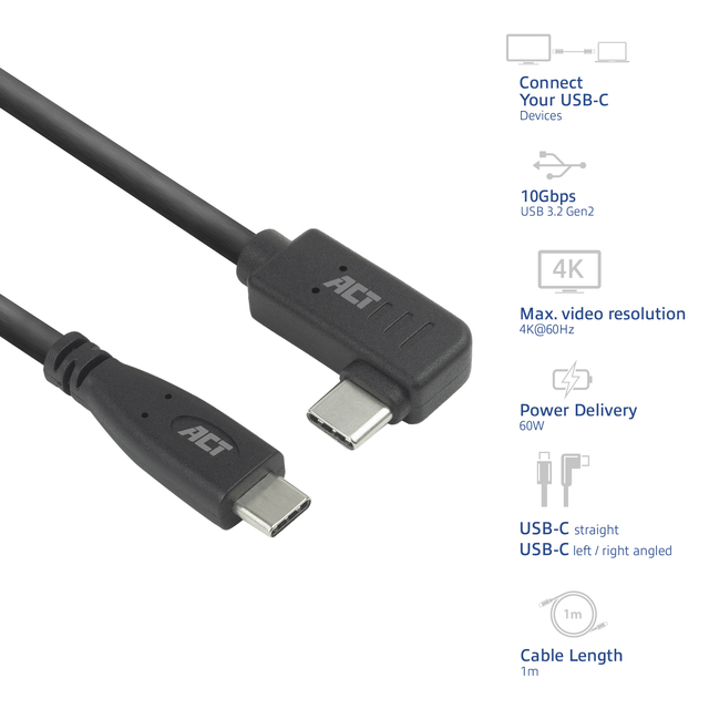 Kabel ACT USB-C standaard naar USB-C hoek 10Gbps 1m