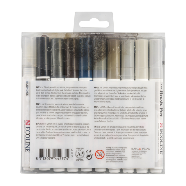 Brushpen Talens Ecoline set à 10 stuks grijs