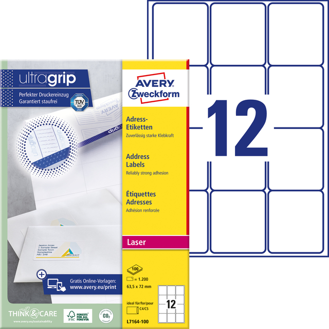 Etiket Avery L7164-100 63.5x72mm wit 1200 stuks