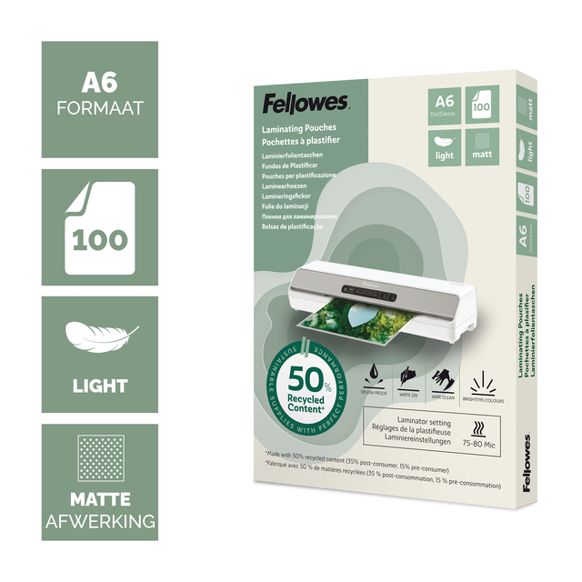 Lamineerhoes Fellowes A6 light 50% gerecycled mat 100stuks