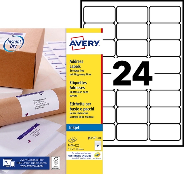 Etiket Avery J8159-100 63.5x33.9mm wit 2400 stuks