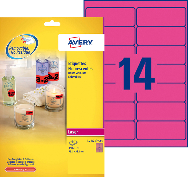 Etiket Avery L7363P-25 99.1x38.1mm neon roze 340 stuks