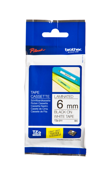 Labeltape Brother P-touch TZe-211 standaard 6mm zwart op wit