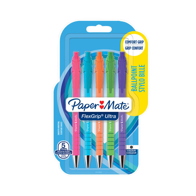 Balpen Paper Mate Flexgrip drukknop Bright fun M assorti blister à 5st