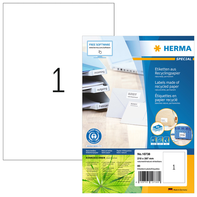 Etiket HERMA recycling 10738 210x297mm wit 80 stuks