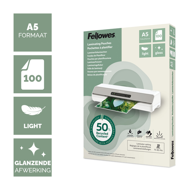 Lamineerhoes Fellowes A5 light 50% gerecycled glans 100stuks