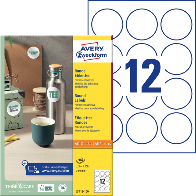 Etiket Avery L3416 rond 60mm wit 1200 stuks