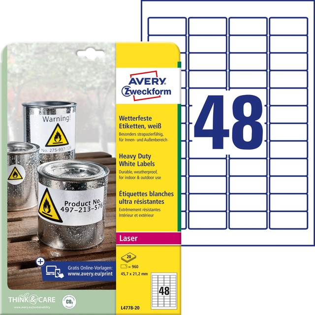 Etiket Avery L4778-20 45.7x21.2mm polyester wit 960 stuks