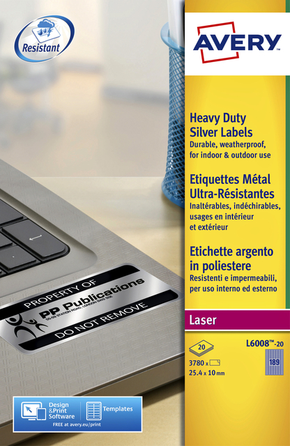 Etiket Avery L6008-20 25.4x10mm zilver 3780 stuks
