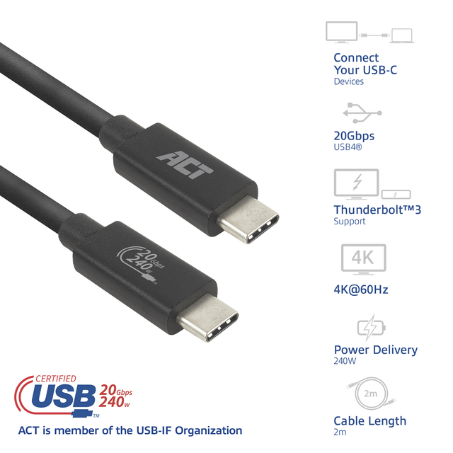 Kabel ACT USB-C 4.0 20Gbps Thunderbolt 3 2m