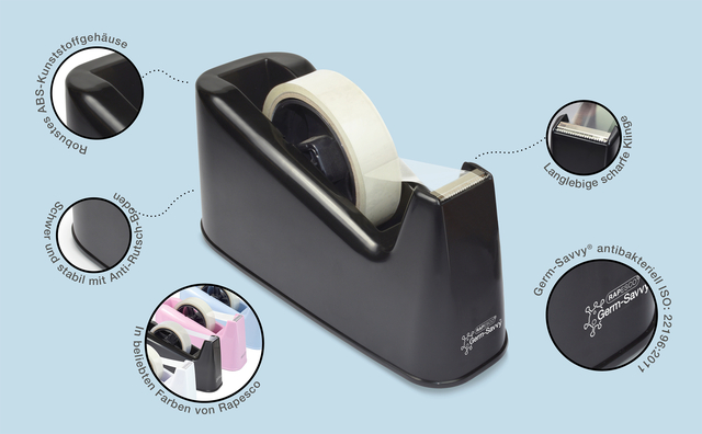 Plakbandhouder Rapesco Germ-Savvy 500 antibacterieel zwart