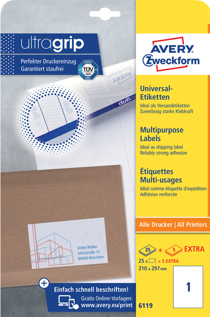 Etiket Avery 6119 210x297mm A4 wit 25 stuks