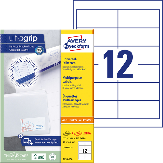 Etiket Avery 3659-200 97x42.3mm wit 2400 stuks