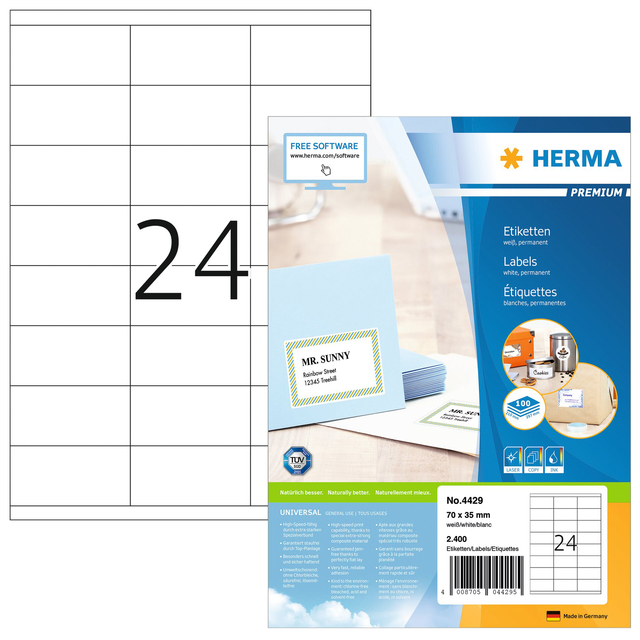 Etiket HERMA 4429 70x35mm premium wit 2400 stuks