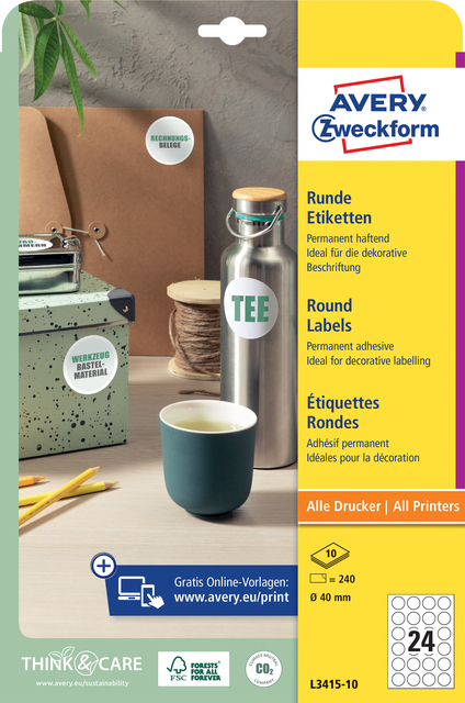 Etiket Avery L3415-10 rond 40mm wit 240 stuks