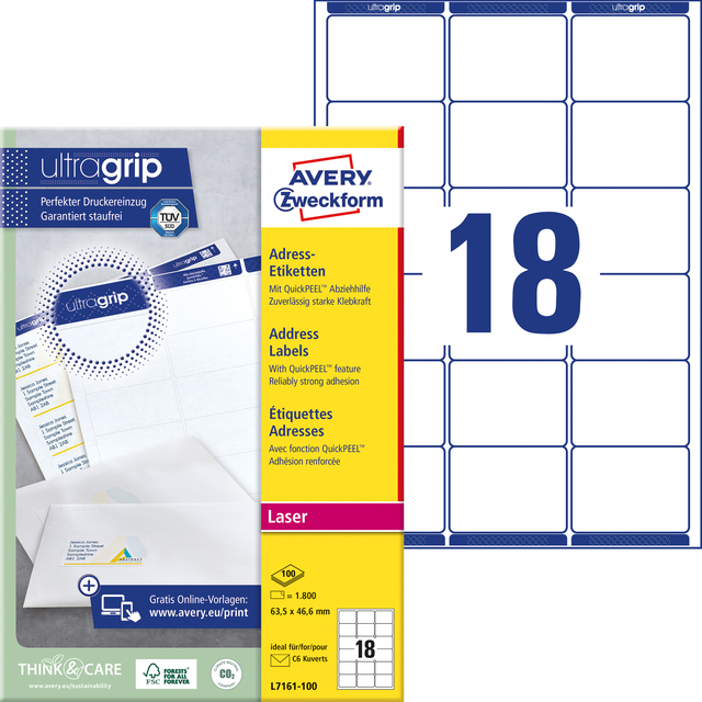Etiket Avery L7161-100 63.5x46.6mm wit 1800 stuks