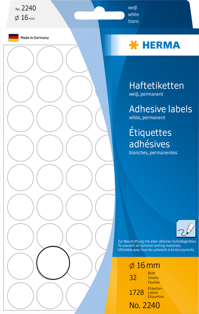 Etiket HERMA 2240 rond 16mm wit 1728 stuks