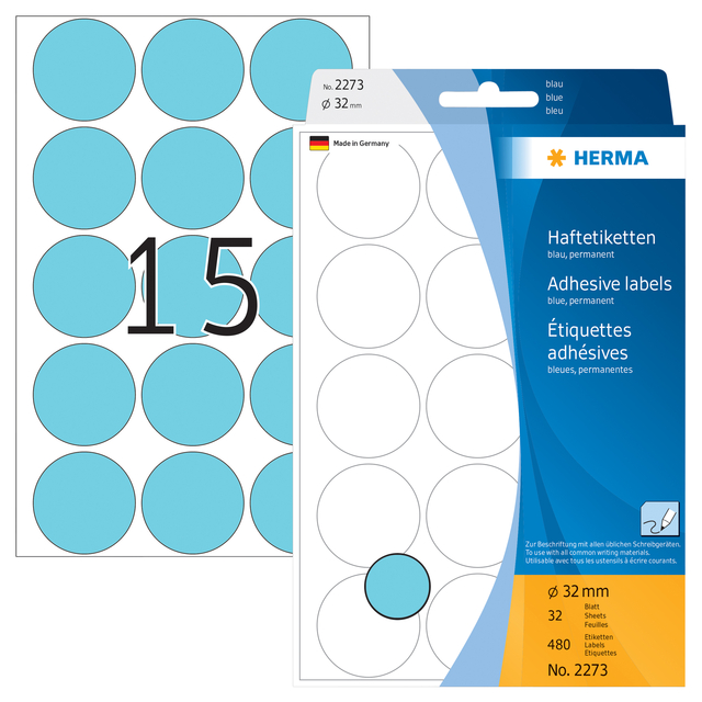 Etiket HERMA 2273 rond 32mm blauw 480 stuks