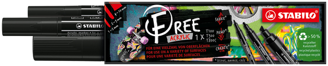 Acrylmarker STABILO  Free Acrylic Mixed Tip set à 3 breedtes zwart
