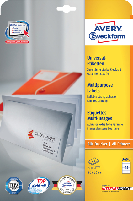 Etiket Avery 3490 70x36mm wit 600 stuks