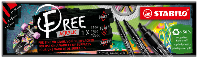 Acrylmarker STABILO  Free Acrylic Mixed Tip set à 3 breedtes zwart