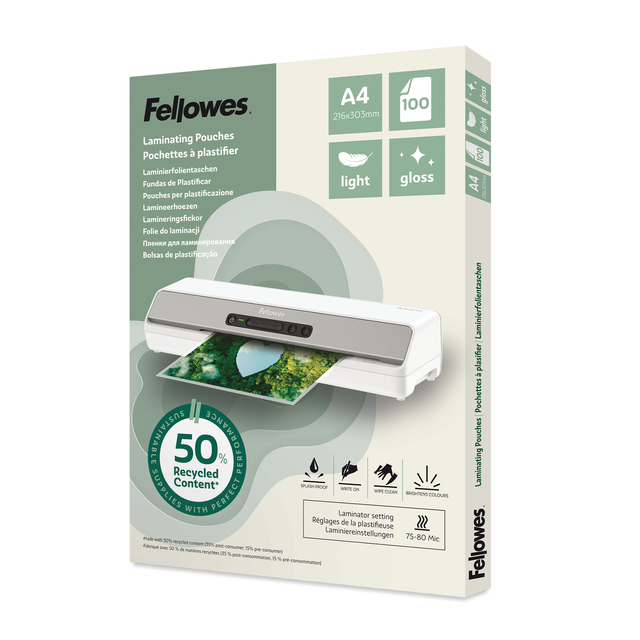 Lamineerhoes Fellowes A4 light 50% gerecycled glans 100stuks